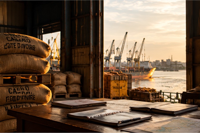 Illustrative commodity trading warehouse overlooking a working port