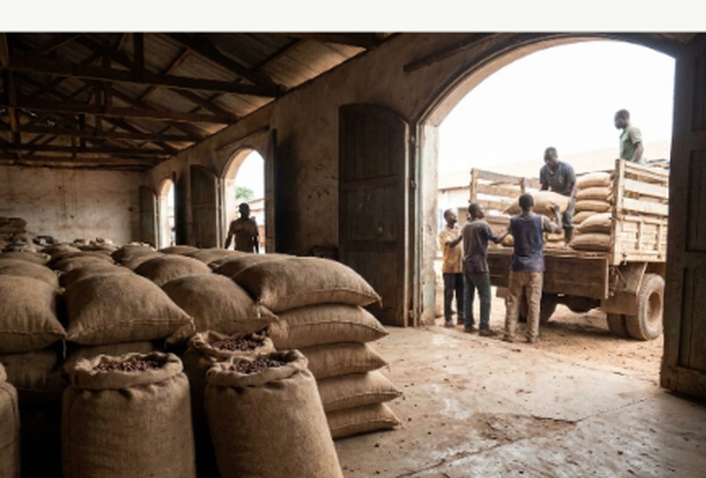 Workers loading sacks onto a truck at a commodity warehouse
