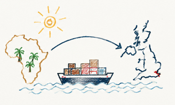 Childlike hand-drawn illustration of trade between Africa and Britain by sea